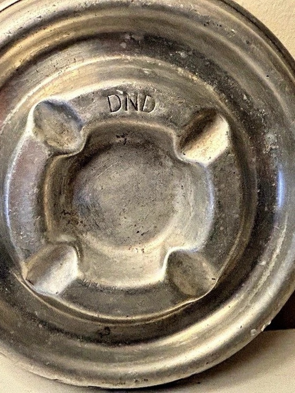 DND Vintage aluminum ashtray ~ well used & collectible